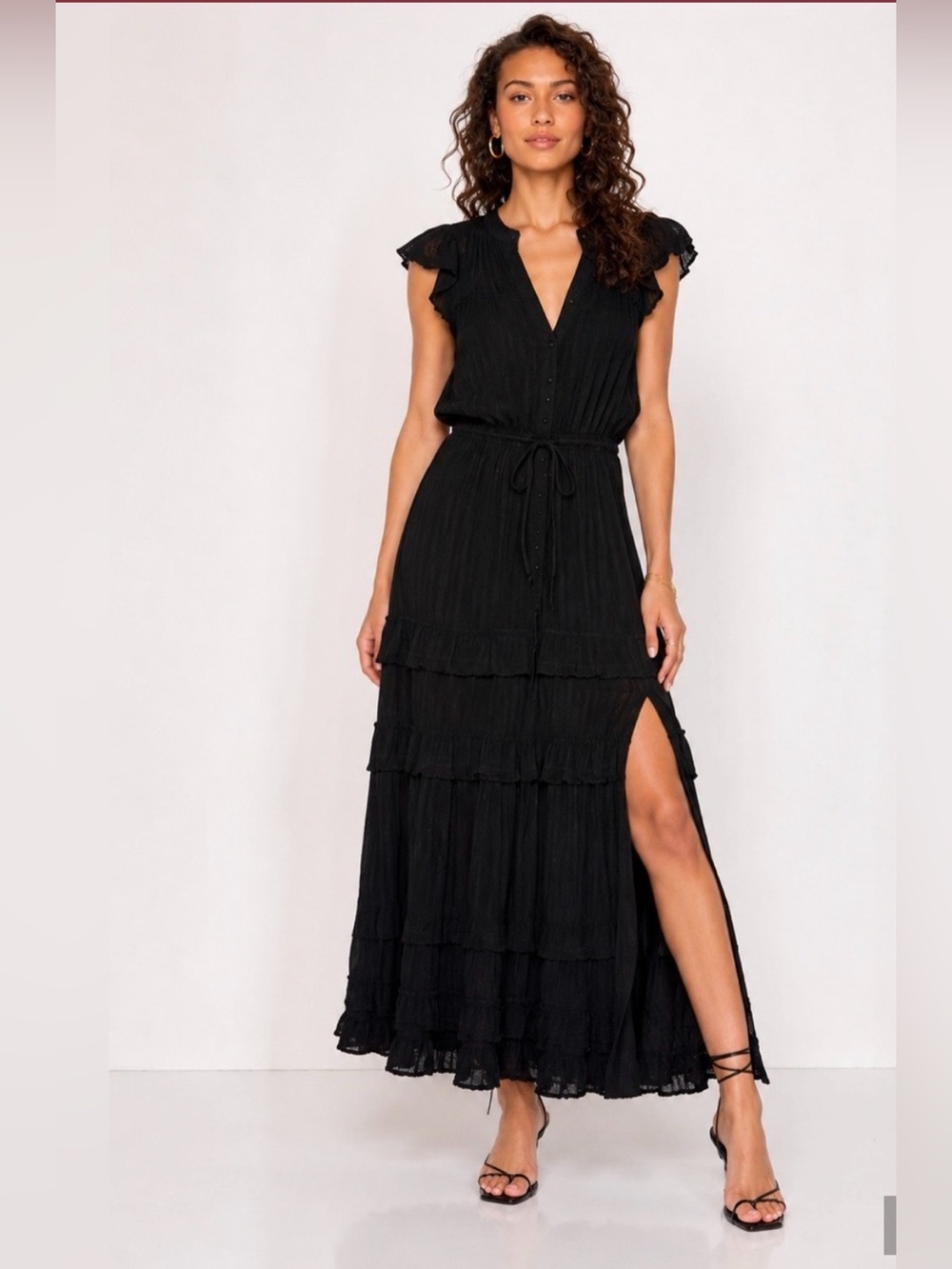 PAIGE Rozlyn Midi Dress Ruffle Tiered V Neck Size L Cap Sleeve